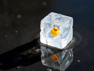 Yellow Rubber Duck Inside Ice Cube Reflecting on Glossy Surface