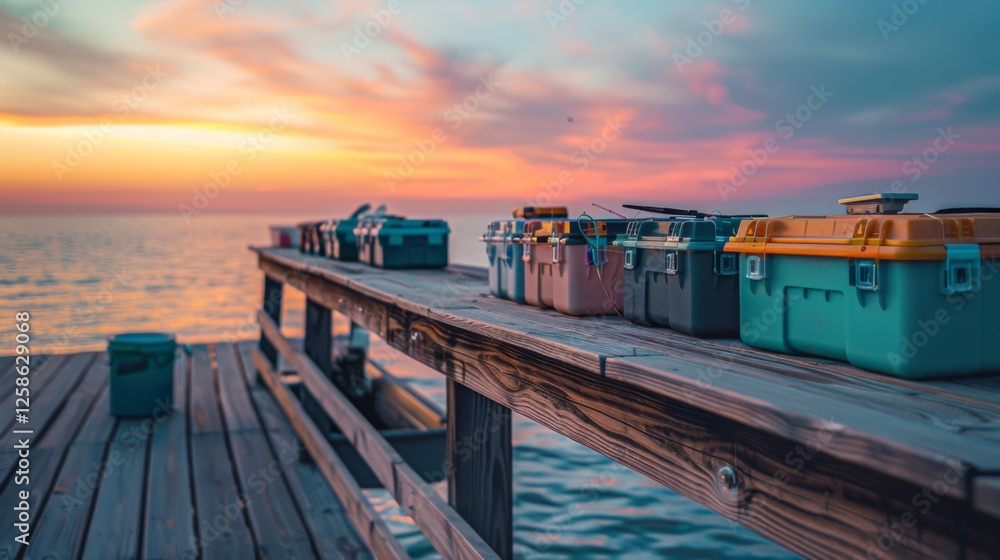Poster colorful tackle boxes are neatly arranged on a wooden dock as the sun sets over the calm lake, casti
