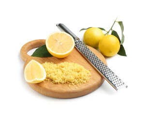 Lemon zest, fresh fruits and grater isolated on white