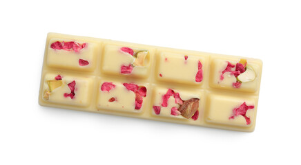 One tasty chocolate bar with pieces of raspberries and nuts isolated on white, top view