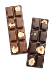 Tasty chocolate bars with nuts isolated on white, top view