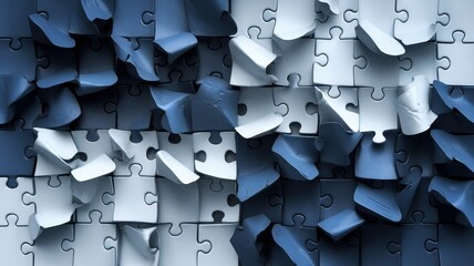 An abstract composition of torn blue and white puzzle pieces, creating a dynamic and textured visual effect.