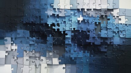 An abstract arrangement of jigsaw puzzle pieces in varying shades of blue, creating a visually intriguing and harmonious pattern.