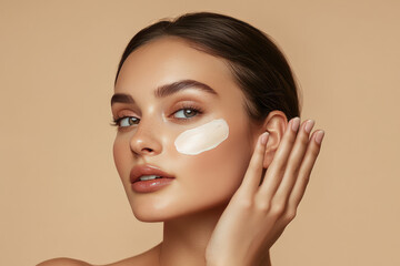 woman applying skincare cream on her face, showcasing natural glow and healthy skin. warm beige plain background enhances her beauty and product texture