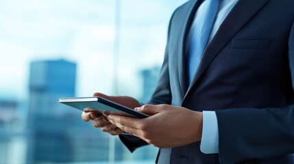 Obraz premium A businessman in a suit holds a tablet, standing in an office with a modern cityscape backdrop.
