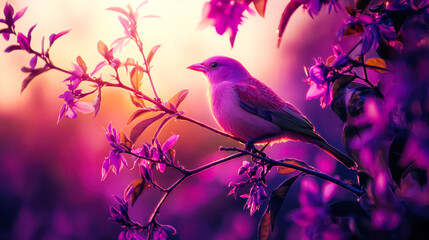 Fototapeta premium Vibrant bird perched on blossoming branch at sunset, on gradient nature background