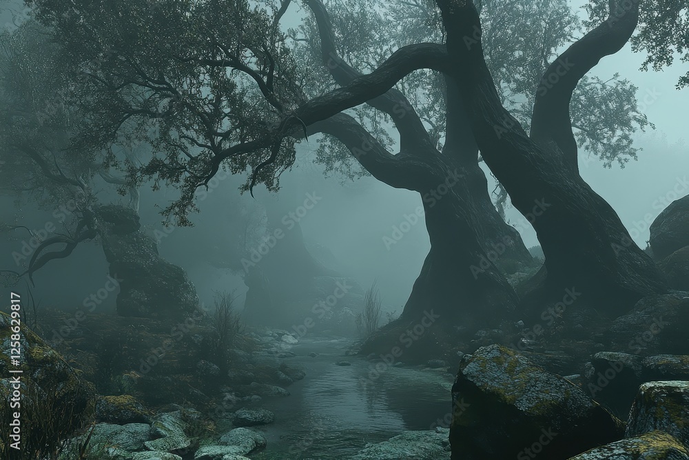 Poster misty forest with twisted trees and a flowing stream in a serene, tranquil setting during the early 
