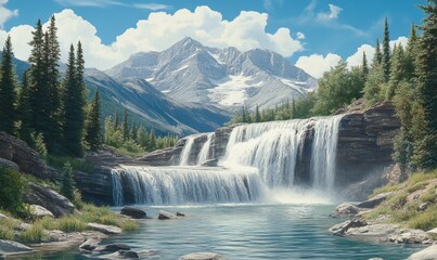 Fototapeta premium Mountain waterfall cascading into a pool, scenic background for travel brochure