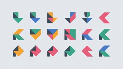 A vibrant collection of geometric shapes in various colors, including green, blue, red, yellow, and black, arranged in an artistic pattern on a light background.