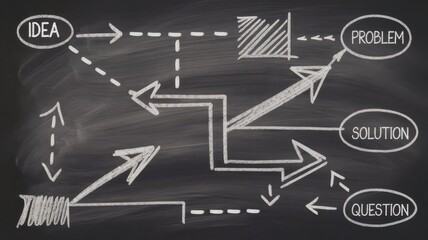 A black chalkboard illustrating a flowchart with concepts like Idea, Problem, Question, and Solution, represented with arrows and various styles.
