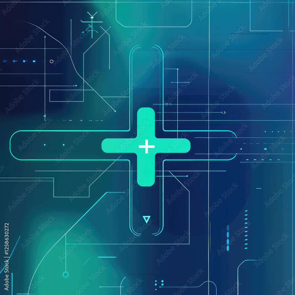 Poster digital abstract design featuring glowing plus symbol, with intricate lines and circuits in shades o
