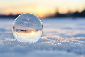 A crystal ball rests on snowy ground, reflecting a beautiful winter sunset, creating a serene and enchanting atmosphere.