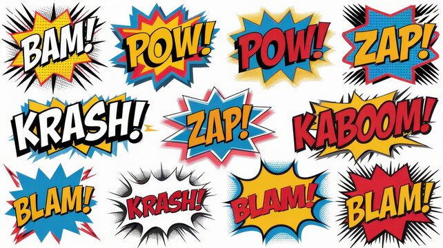 Fototapeta Colorful comic-style sound effects including �BAM!�, �POW!�, and �KABOOM!� create an energetic mood.