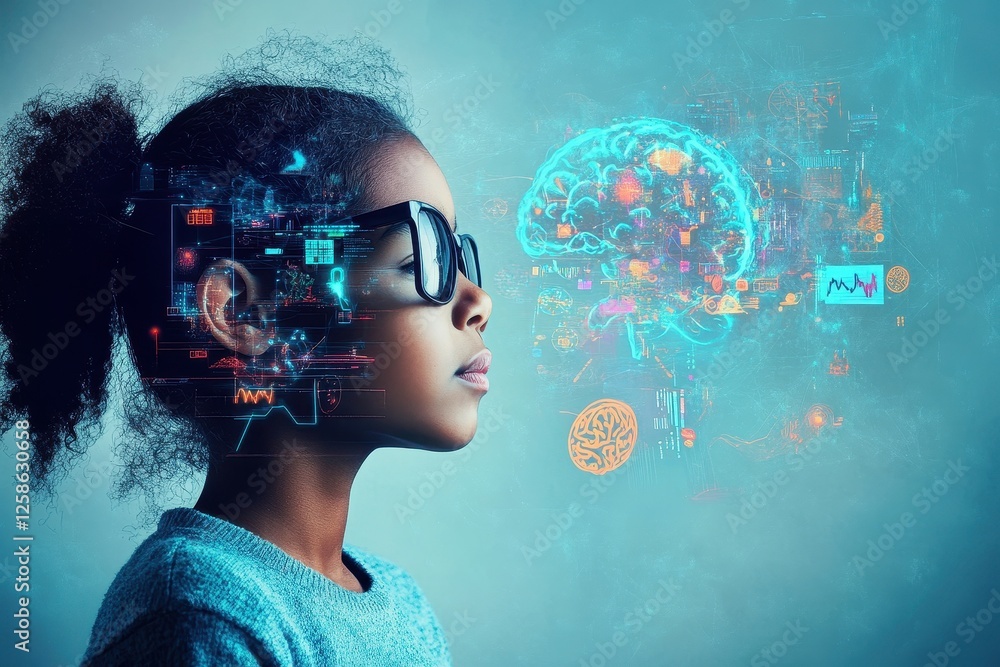 Poster young girl with glasses exploring technology and learning concepts through digital visualization in 