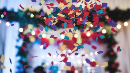 Colorful confetti falls joyfully in a festive setting, creating a vibrant and celebratory atmosphere, ideal for parties and gatherings.