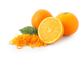 Pile of fresh orange zest, fruits and leaf isolated on white