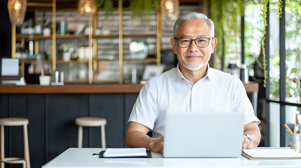 Fototapeta premium Smiling Mature Man Working on Laptop in a Cafe