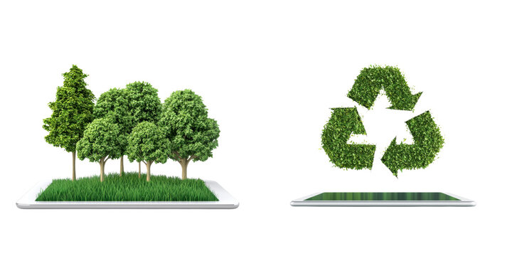 Eco friendly apps displayed on digital tablet with trees and recycling symbol