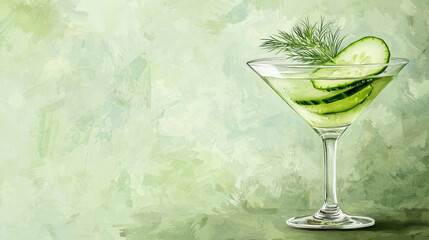 Refreshing cucumber martini with dill garnish on soft green background