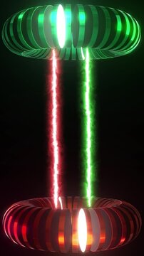 Red and green laser beam between two 3D toroid shapes