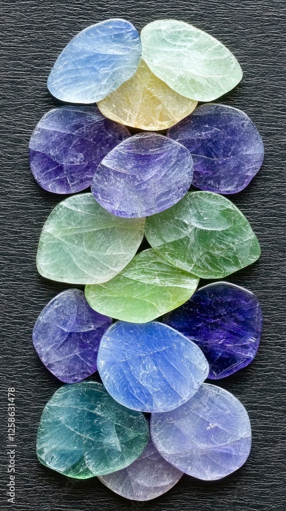 Poster stack of polished multicolored gems on dark background