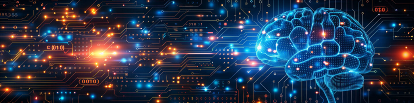 futuristic background blue orange lights AI brain digital code circuit patterns innovation
