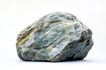 Grey boulder studio shot, textured surface, white background, geology
