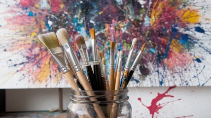 Fototapeta premium A vibrant collection of various paintbrushes in a glass jar sits in front of a colorful splatter painting, embodying the spirit of creativity.