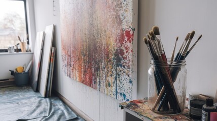 A vibrant art studio filled with colorful splashes on canvas, featuring a glass jar of brushes in the foreground, inviting creativity and inspiration.