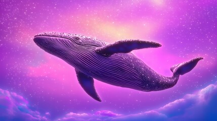 Fototapeta premium Majestic Whale Swimming in Colorful Cosmic Sky with Sparkling Stars and Clouds
