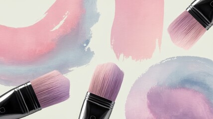 Artistic flat lay showcasing makeup brushes with pastel-colored strokes in shades of pink and blue, creating a soft and creative mood.