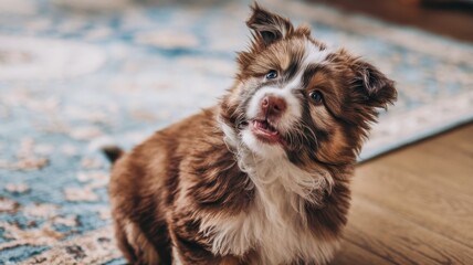 Obraz premium A playful brown and white puppy with a fluffy coat gazes curiously, displaying a cheerful demeanor in a cozy indoor setting.
