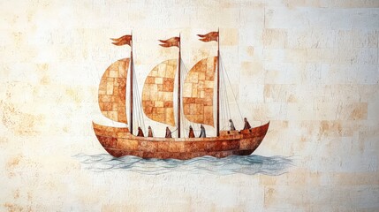 Sailing Ship with Three Sails on Waves in Artistic Style with Warm Colors