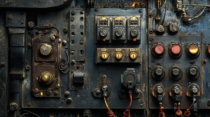 Rusty industrial control panel, factory background, switches, buttons, close-up