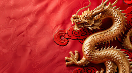 Fototapeta premium Red background golden Chinese dragon new year celebration with copy space for text. Chinese dragon statue on red wall background