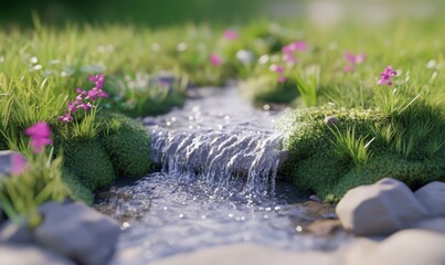 Serene stream flows through lush meadow, sunlight dappling; nature background for websites or ads