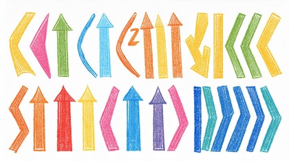 Arrow crayon pastel pencil chalk color line stroke. Sketch chalk pastel color pencil texture line kid fun arrow icon. Hand drawn grunge crayon brush sketch direction element set. perfect any project.