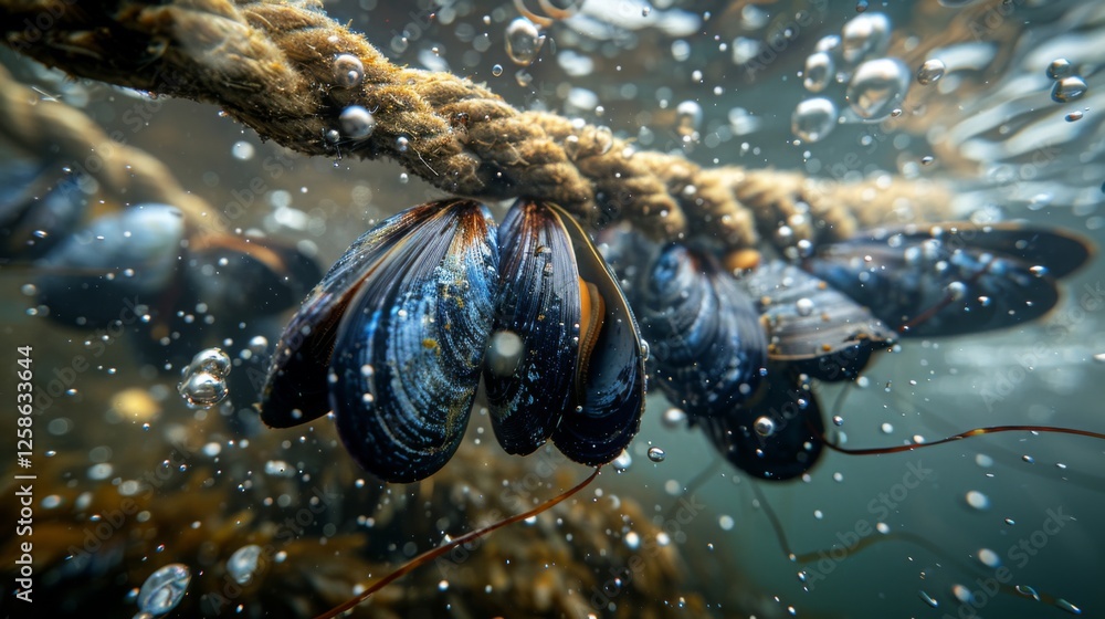 Poster mussels cling to a submerged rope, creating a striking underwater scene with bubbles and light refra