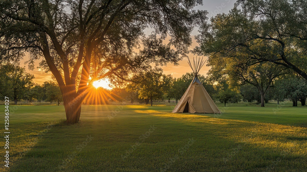 Poster a teepee in a field, sun setting behind, trees in foreground