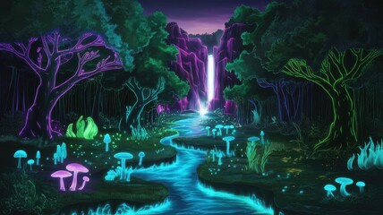 Fototapeta premium A vibrant fantasy landscape featuring a glowing waterfall, luminous mushrooms, and neon trees under a twilight sky.