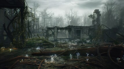 Fototapeta premium A hauntingly beautiful scene of an abandoned structure overtaken by nature, with ethereal glowing plants illuminating the desolate landscape.