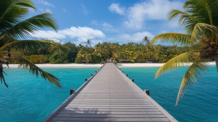 A serene tropical scene featuring a wooden pier leading to a pristine beach, surrounded by lush palm trees and crystal-clear turquoise waters.