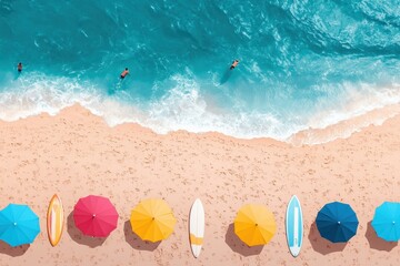 Obraz premium Sunny beach day with colorful umbrellas and surfers enjoying the waves