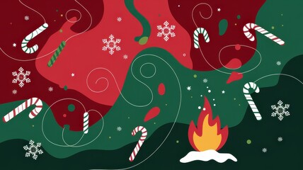 A vibrant, abstract holiday-themed illustration featuring candy canes, snowflakes, and a cozy fire, embodying the festive spirit of winter celebrations.