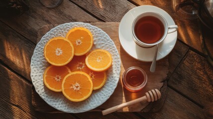 A tranquil morning scene featuring fresh orange slices on a textured plate, a cup of tea, and a jar of honey on a rustic wooden table.