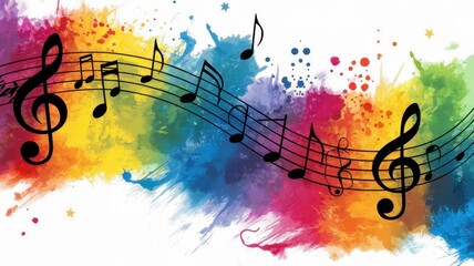 Vibrant music notes dance across a colorful splash of paint, evoking a joyful and creative atmosphere.