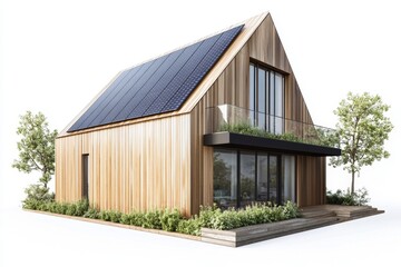 Modern solar-powered wood house, garden, white background, sustainable housing