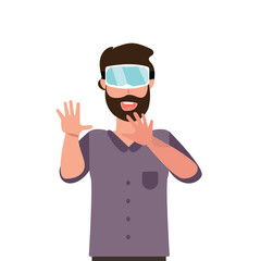 young man wearing virtual reality headset vector, illustration.