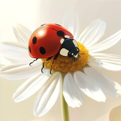 Obraz premium Beautiful Ladybug on White Daisy Flower Digital Painting Illustration Nature Insect Art Detailed Closeup Red Spots Summer Spring Bright Vivid Colors 