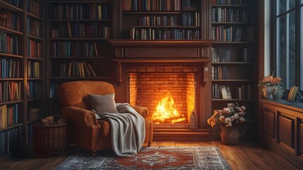 Cozy reading nook with a chair fireplace and blanket next to a built-in bookshelf for relaxation and comfort